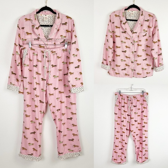 Munki Munki Women’s Pajama Set Flannel Weiner Dog Dotson Dachshund Medium Pink